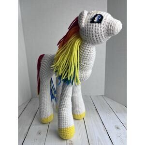 Rainbow Horse Pony Plush Crochet Hand Made 17” Tall Tail Mane Star White Body